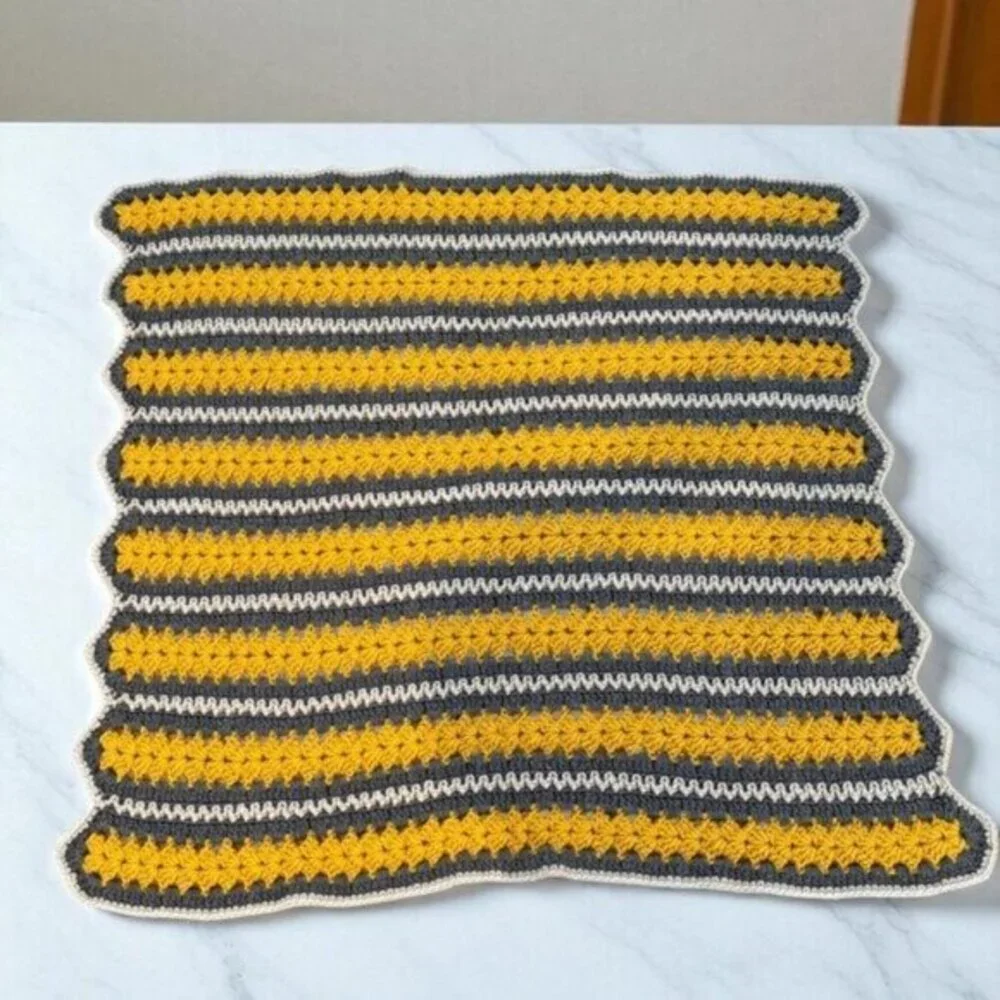 Crochet Afghan Baby Blanket Yellow Grey Stripes Approx 37